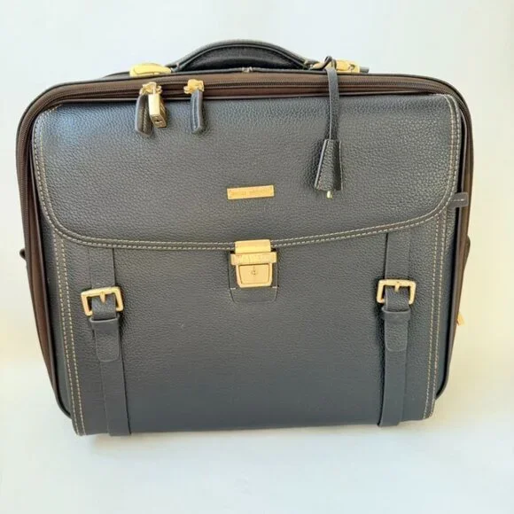 Brooks Brothers Genuine Pebbled Leather Carry-On Trolley Travel Laptop Bag – Bla - Picture 2 of 16